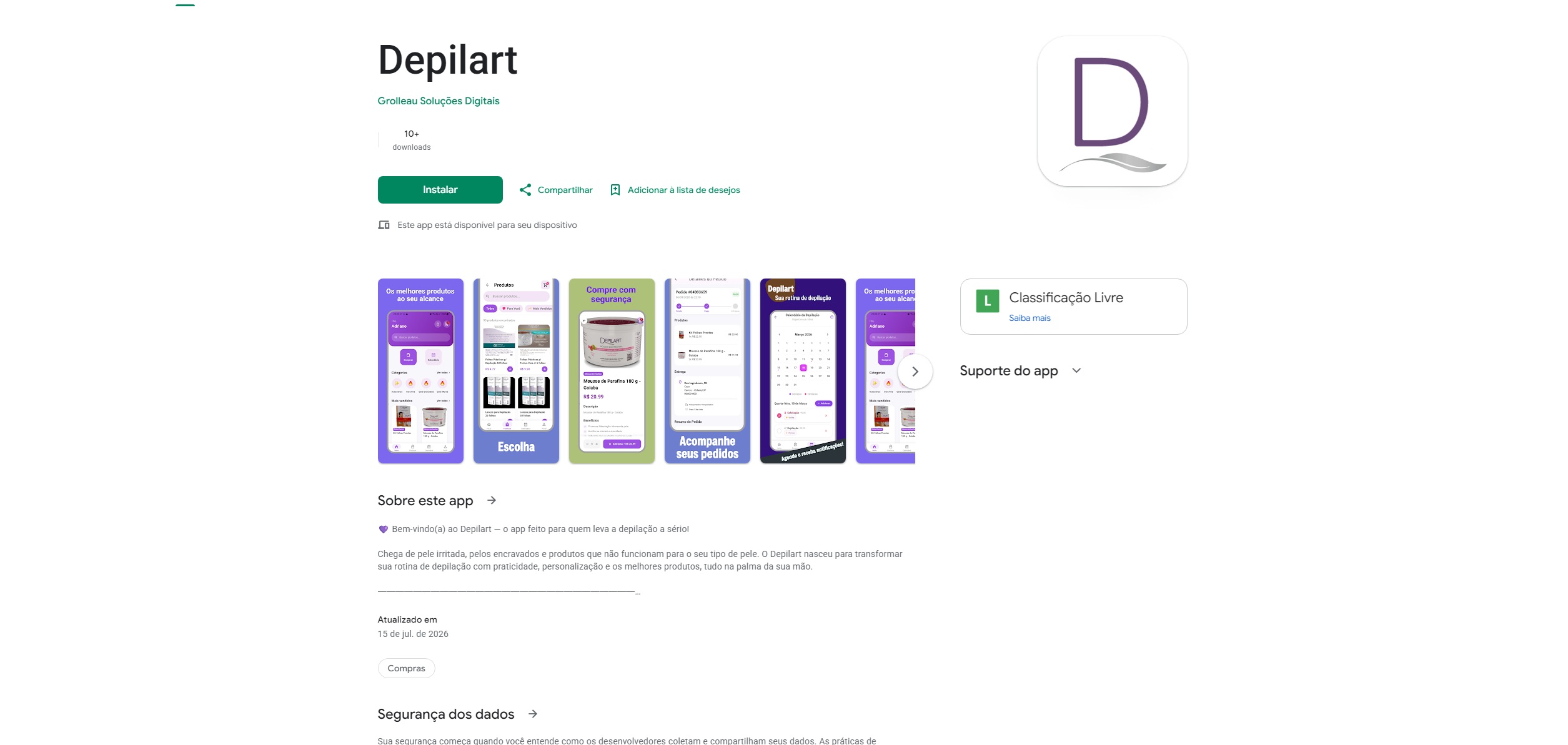 App de e-commerce Depilart na Loja